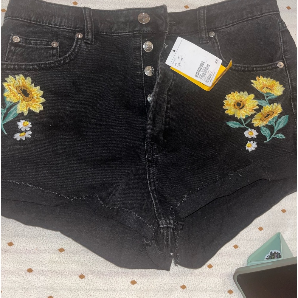 H&M Black Denim Jean Shorts with Yellow Sunflower Embroidery